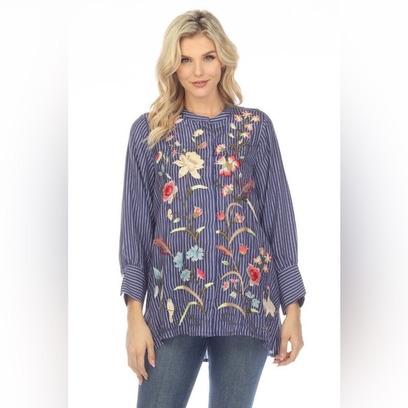 Johnny Was Tops - Johnny Was Workshop Geniveve Voyager 100% Silk Embroidered Tunic Top Small